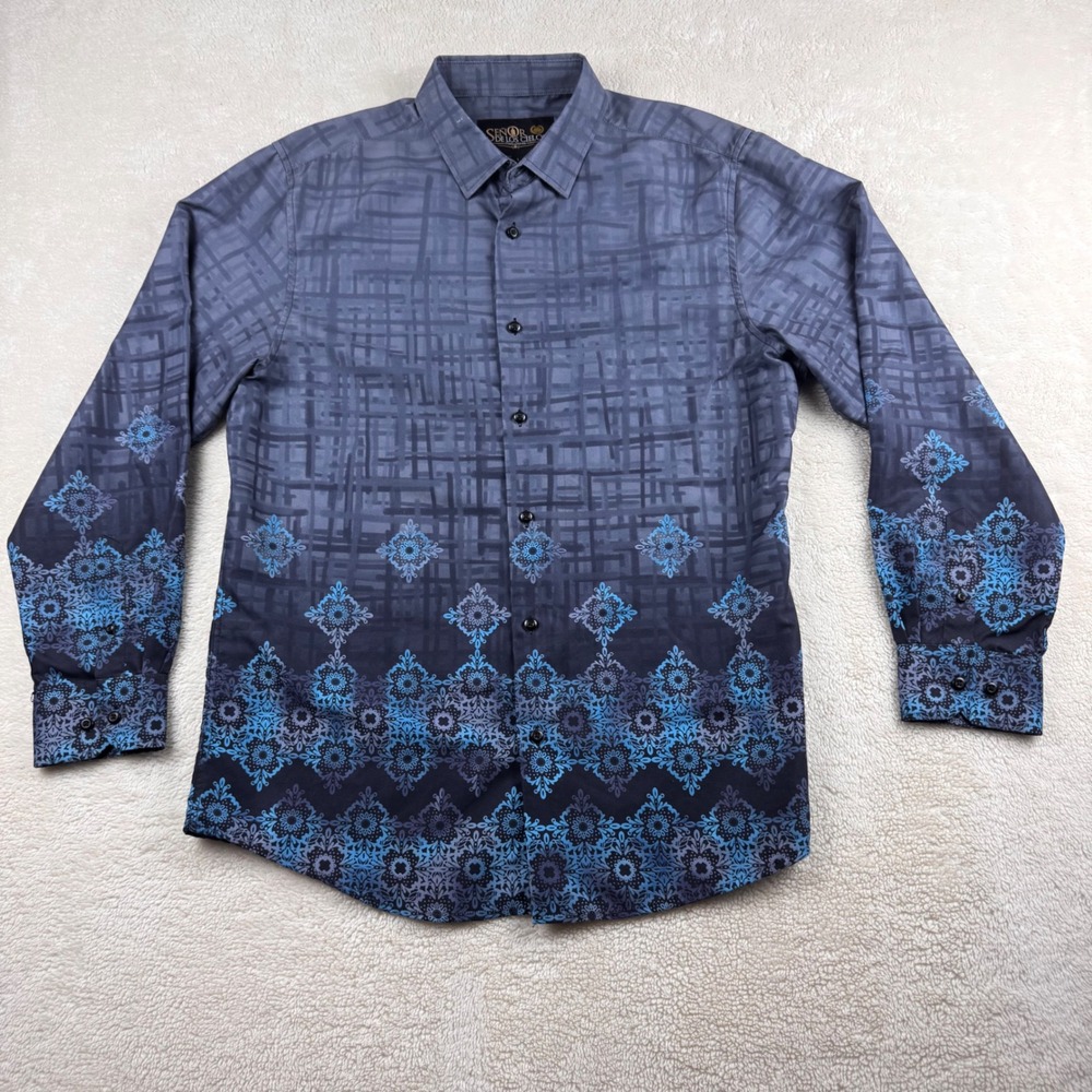 Senor De Los Cielos‎ Men's Grey and Blue Pattern Western Long Sleeve Shirt